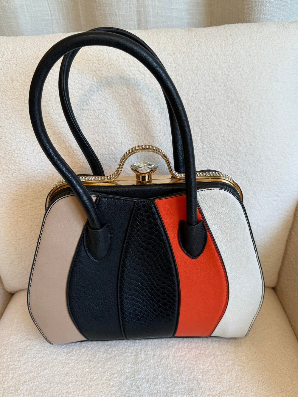 Vintage Colorblock Frame Handbag Crystal Clasp Snake Embossed Top Handle Bag